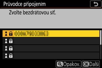 4 Vyberte síť. Vyberte SSID sítě a stiskněte tlačítko J (pokud se požadovaná síť nezobrazí, stiskněte tlačítko X pro opětovné hledání).