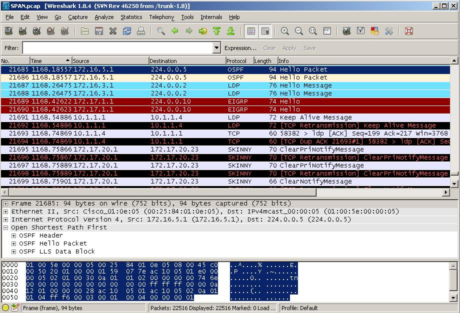 Obrázek 16: Analýza zachyceného provozu v programu Wireshark Konfigurovat a generovat reporty lze pouze prostřednictvím příkazové řádky (CLI).