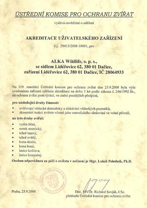 Akreditace pracoviště Společnosti ALKA Wildlife, o.p.s. byla udělena akreditace od Ústřední komise pro ochranu zvířat podle zákona č. 246/1992 Sb.