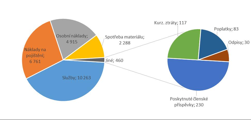 Struktura nákladů Celkové náklady České rady dětí a mládeže za rok 2017 jsou ve výši 24 687 tis. Kč. Největší položku celkových nákladů tvoří služby ve výši 10 263 tis. Kč. Jedná se například o propagační služby 3 486 tis.