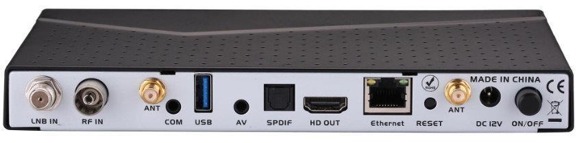 1. RF IN: Vstup tuneru z antény DVB-T2 nebo kabelu 2. LNB IN: Vstup tuneru od Sat LNB 3. USB: port USB pro paměťová média 4.