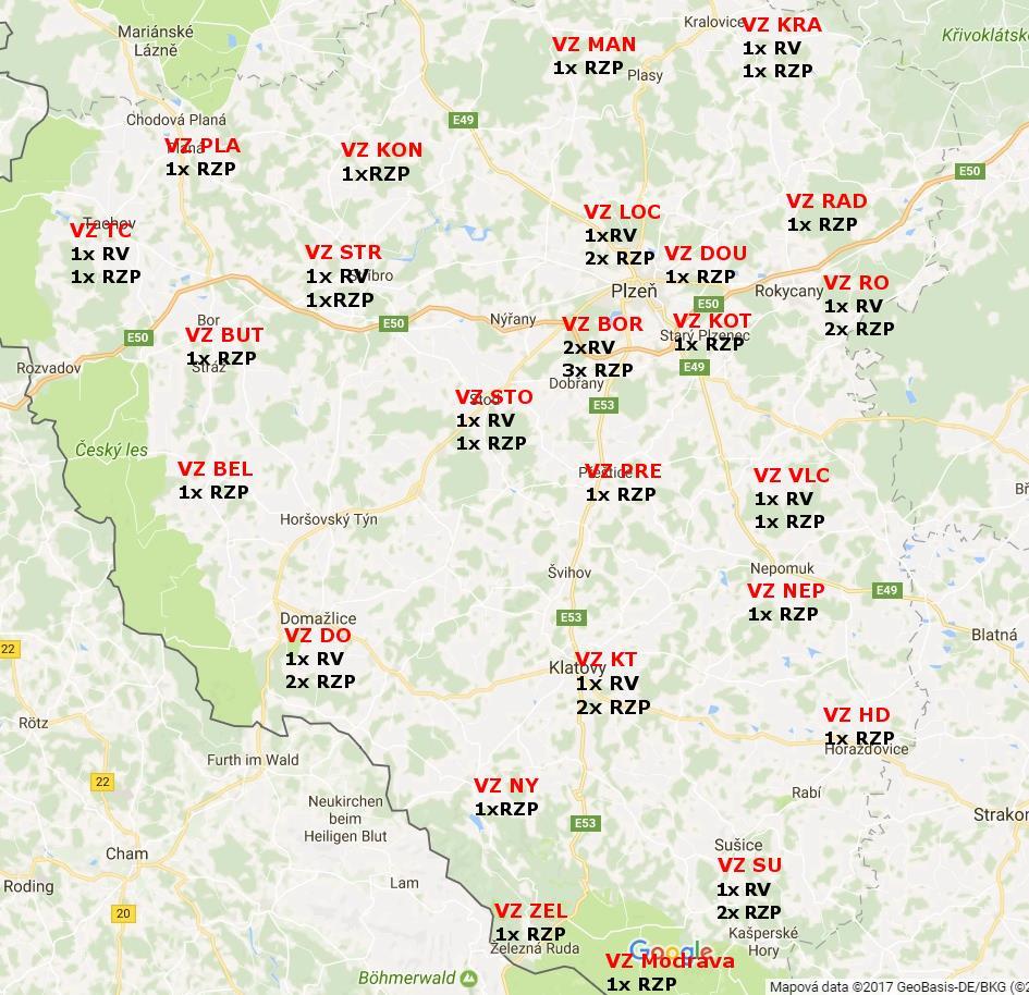Obrázek 7 Rozmístění výjezdových základen ZZS PK (vlastní zdroj) Na výjezdových základnách Plzeň - Bory, Tachov a Klatovy je připraveno vozidlo pro řešení MU.