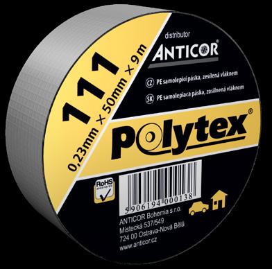 Instalační pásky, materiály 100 Polytex Ekonomy verze samolepící pásky DUCT - 111 Polytex Polyetylénová fólie vyztužená tkaninou bavlna-polyester, lepící vrstva na bázi přírodního kaučuku.