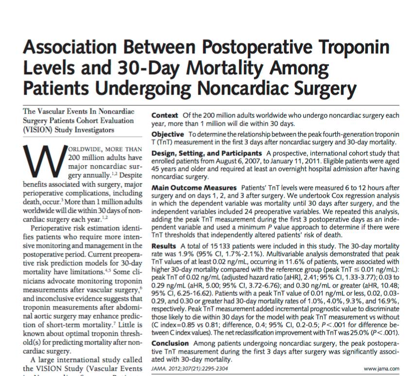 VISION study group 1 Vascular Events In Noncardiac Surgery Patients Cohort Evaluation Study I. Devereaux PJ, Chan MT, Alonso-Coello P, et al.