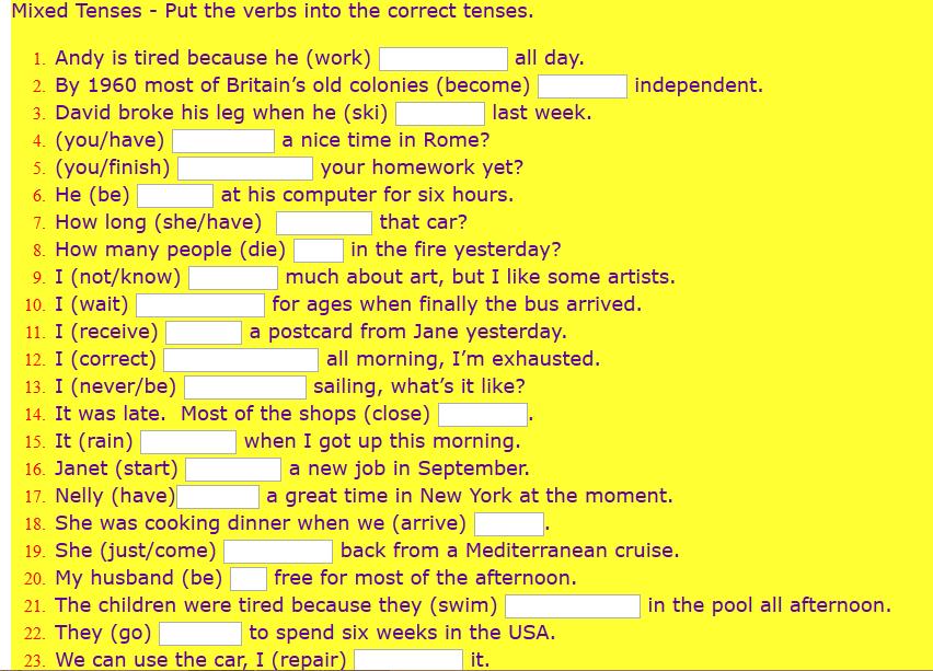 5) Put the verbs into the correct tenses Source: English Exercises Solutions: 1) Put these subordinate terms into the right column according to its superior category.