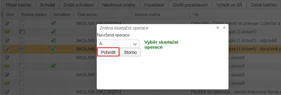 Změnu skartační operace je rovněž možno provést pomocí pravého tlačítka myši nad vybraným záznamem, případně hromadně nad vybranou ukládací jednotkou.