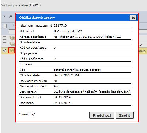 Podatelna obr 15. Seznam doručených datových zpráv 3.5.2 Předání datových zpráv Stažené datové zprávy je možné předat na reprezentanta organizační jednotky nebo přímo na konkrétní funkční místo.