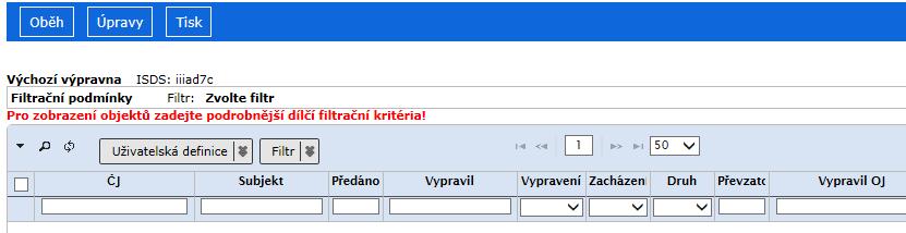 Primárně není zobrazován žádný obsah, nebo omezený (výchozí zobrazení složky), kromě složek, kde není omezené zobrazení žádoucí (např. K podpisu, K převzetí, Odmítnuté, složky podatelny apod.). Proto je nutné si filtr nastavit (filtr se zobrazí po kliknutí na řádek Filtrační podmínky) a je možné ho i uložit.