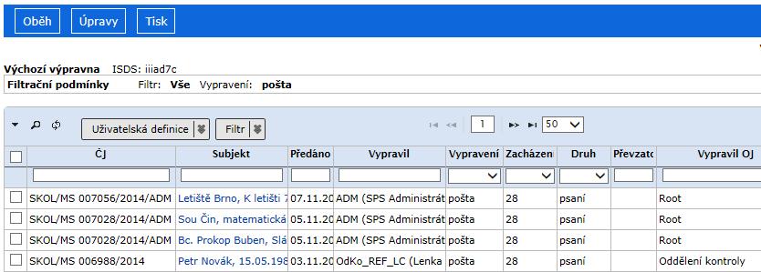 Výpravna obr 43. Složka s nastaveným filtrem UPOZORNĚNÍ: Vypravení je možno provést jednotlivě pro každé vypravení čísla jednacího, nebo také prostřednictvím hromadné zásilky.