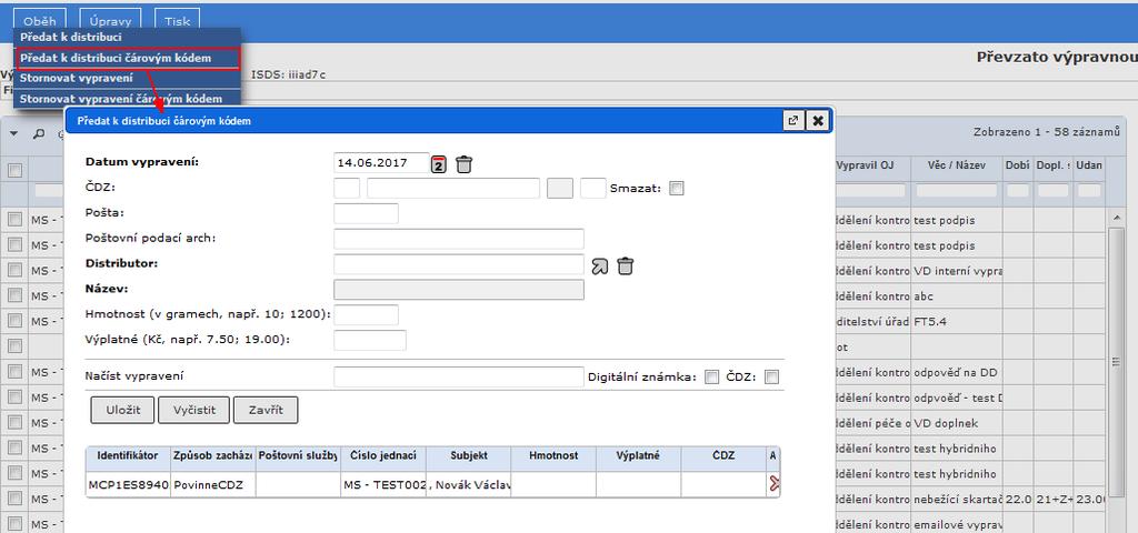 Obálky jsou předány na základě systémového identifikátoru BAR Code vypravení (při použití frankovacího stroje viz 4.5.3).