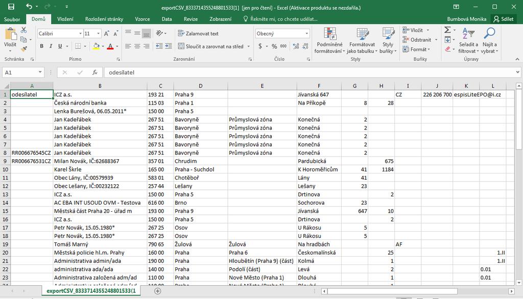 Uživatelská příručka SpS POU obr 85. Ukázka poštovního podacího archu dokumenty v distribuci csv 4.15.