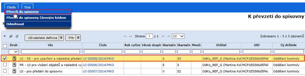 Uživatelská příručka SpS POU Ve složce Spisovna - K převzetí zvolte příkaz <Oběh / Převzít do spisovny čárovým kódem>. Zobrazí se okno pro zadání čárových kódů.