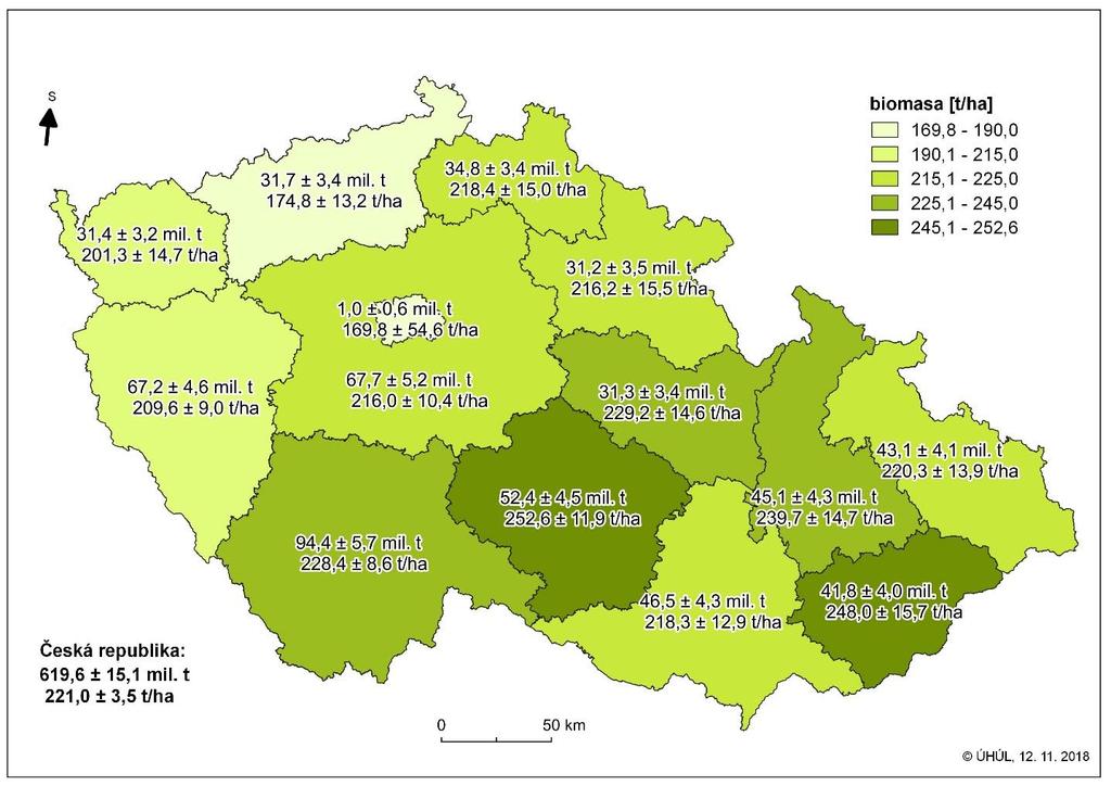 Kartogram 1: Celková a hektarová hmotnost sušiny nadzemní biomasy v krajích, období NIL2 (2011 2015) ZÁSOBA UHLÍKU V NADZEMNÍ BIOMASE Kartogram 2 uvádí celkovou a hektarovou zásobu uhlíku v nadzemní