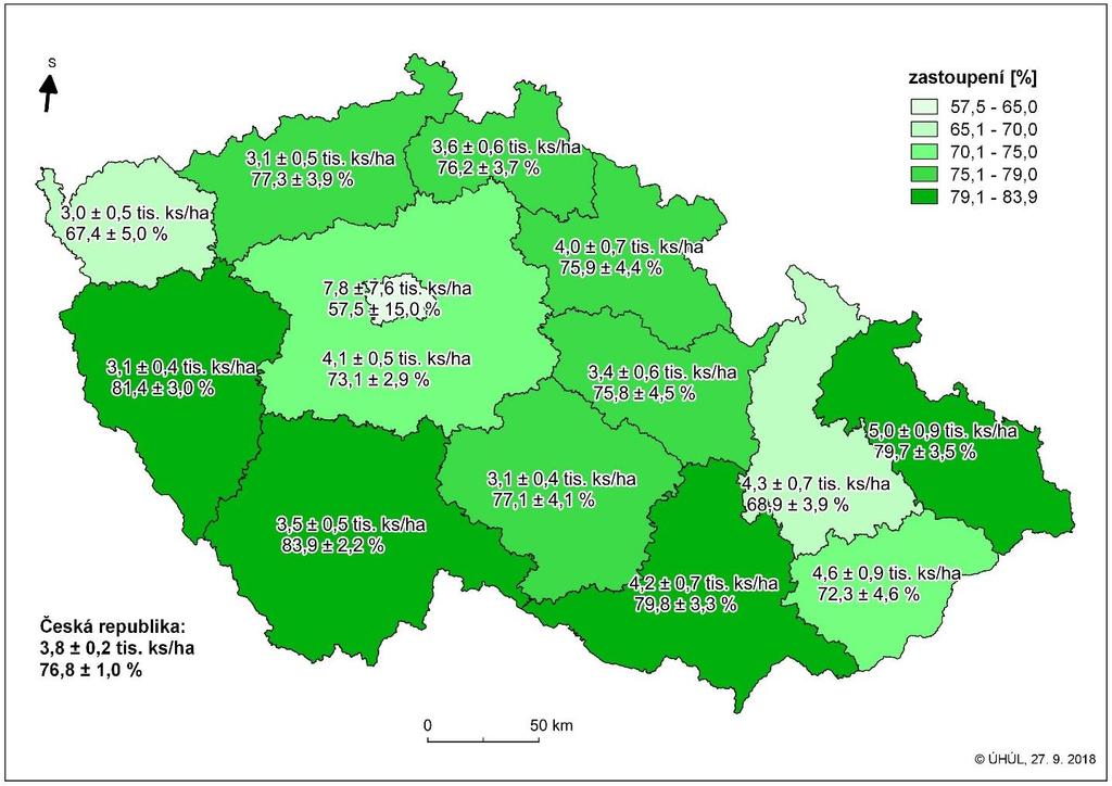 Kartogram 3: Zastoupení a hektarové počty jedinců umělé obnovy v krajích, období NIL2 (2011 2015) Zastoupení skupin dřevin v obnově podle původu V rámci obnovy převažují listnaté dřeviny (61,0 ± 1,3