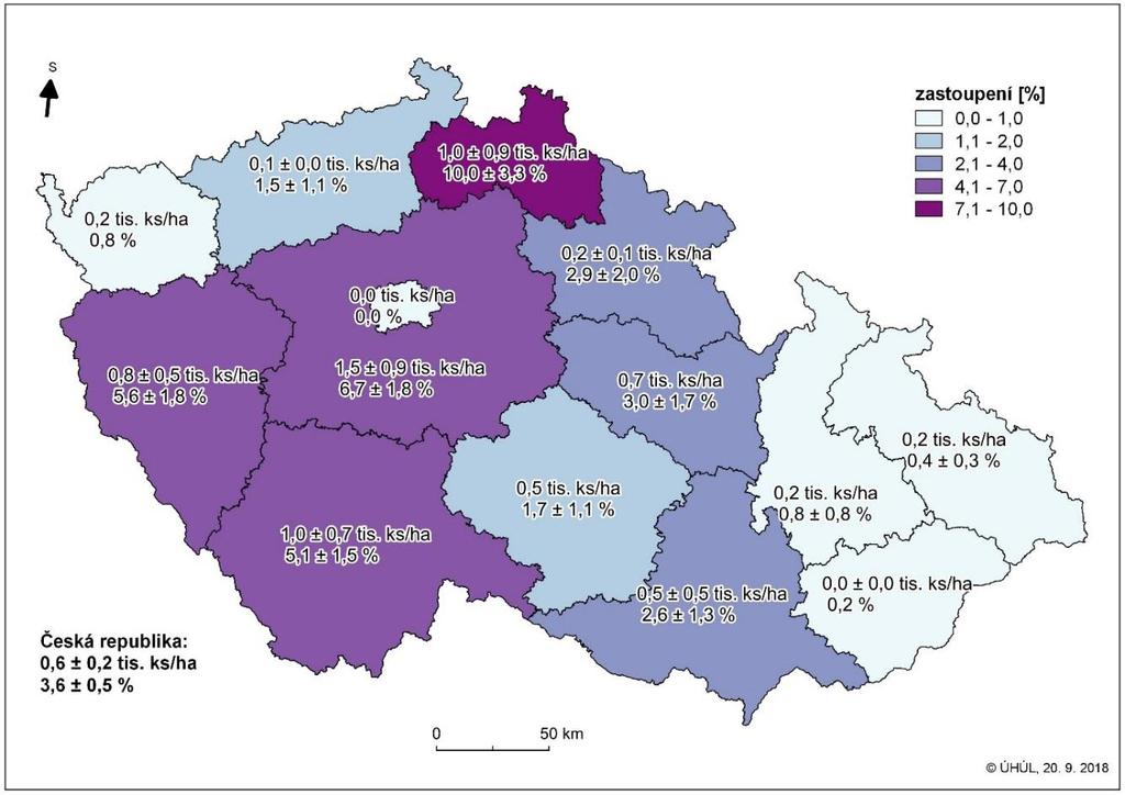 Kartogram 7: Zastoupení a hektarová hustota borovice