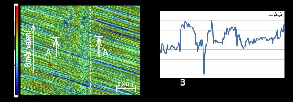 5-44 Analýza povrchu disku po testu s kompozicí vody, 7,5 % bentonitu, 5 % mastku L a 2 % disulfidu molybdenu (suchý