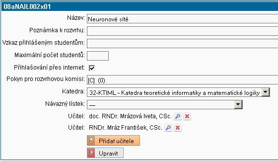 6. Po stisknutí tlačítka Upravit údaje na stránce podrobného přehledu lístku nebo po zvolení ikony pro úpravu lístku ( ) v přehledu předmětů je možné zadat kapacitní omezení, které se bude týkat