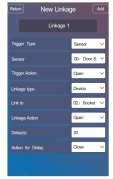 Přihlaste se do aplikace, posuňte obrazovku doleva a stiskněte možnost domečku a poté stiskněte linkage. a) Trigger Type: můžete vybrat senzor nebo čas.