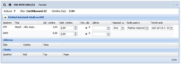 U opatření OTP se zde zadává závazek Neposečené plochy. Přehled všech dot. titulů na DPB s možností úpravy dekl.