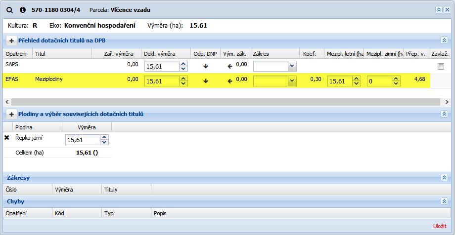 Obrázek 28: Změna výměry meziplodin v detailu DPB V případě, že se meziplodiny pěstují pouze na části DPB, je třeba příslušnou plochu či jednotlivé dílčí plochy zakreslit a zákres/y k titulu