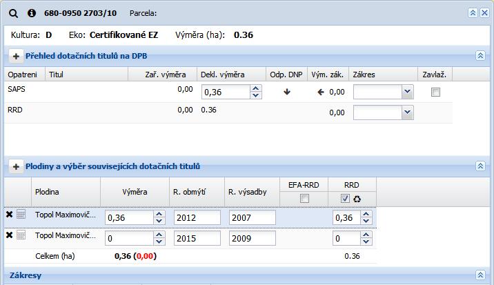 U obou deklarací se v detailu každého DPB zadává rok výsadby nebo rok posledního obmýtí. Deklarace RRD je propojená k SAPS a ANC.