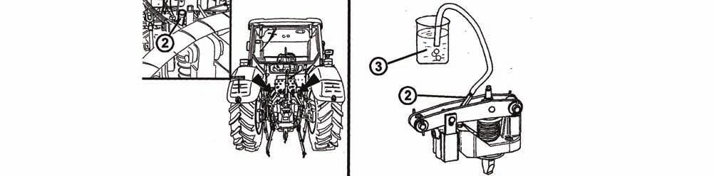 sejměte krytky na odvzdušňovacích šroubech (2) ovládacího ventilu přívěsu (1) umístěného na pravé straně traktoru mezi nádrží a zadní polonápravou 3.