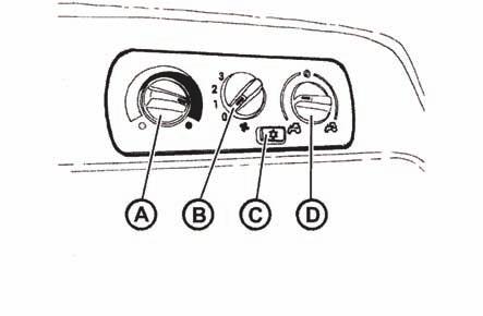 Ovládací panel topení, *klimatizace A - ovládač ventilu topení B - ovládač ventilátoru C - spínač klimatizace D - ovládač cirkulace vzduchu v kabině SEZNÁMENÍ S TRAKTOREM F13BN009 Ovládač ventilu