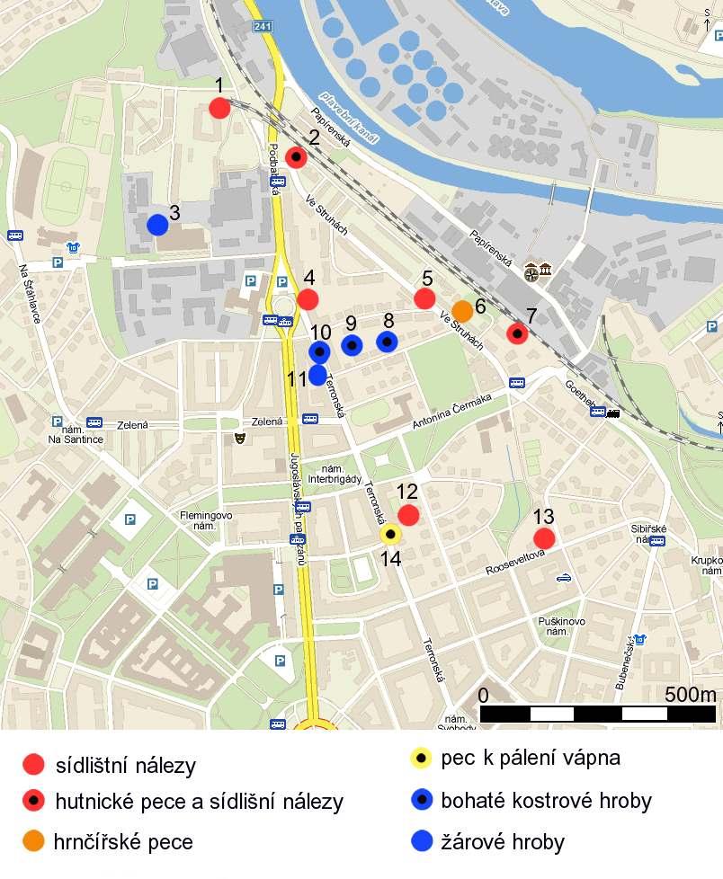 Obr. 1: Topografie germánských nalezišť ze starší doby římské na lokalitách Praha Dejvice, Bubeneč a Podbaba.