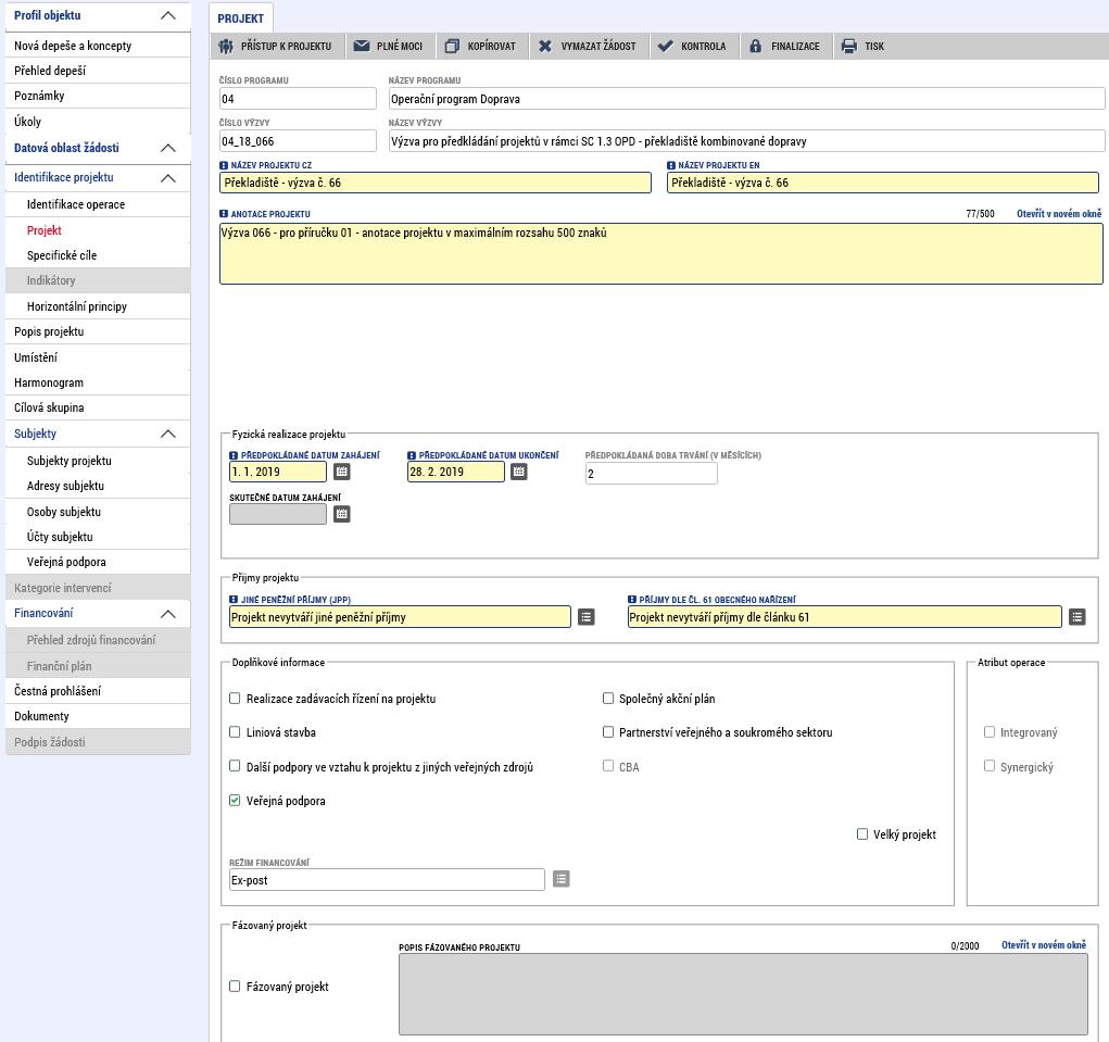 1. 3 Záložka Projekt Na záložce Projekt vyplňte a uložte povinné údaje: Název projektu CZ a Název projektu EN, Anotace projektu (vyplněný text v maximálním rozsahu 500 znaků se po uložení přenáší do