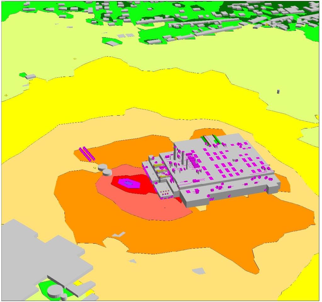 Hluk šířený z provozu průmyslového areálu. Hluková mapa 4 m nad terénem, noční provoz, šíření zvuku ve velkých vzdálenostech.