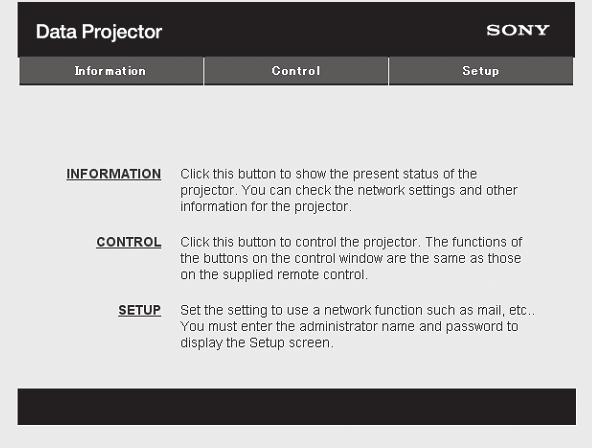 Zobrazení ovládacího okna projektoru ve webovém prohlížeči 1 Připojte kabel LAN (strana 11). 2 Nastavte síťová nastavení pro projektor použitím LAN Settings v nabídce Connection/ Power (strana 34).