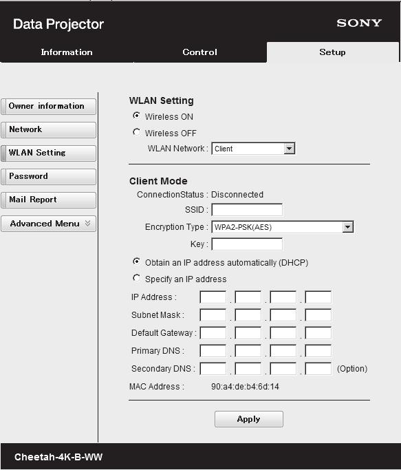 Výrobní nastavení metody zabezpečení a její heslo jsou nastaveny následovně. Security method: WEP 64bit Password: sony1 (b) Zadejte nastavení pro režim Client Mode.