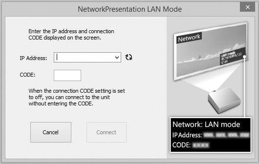 LAN Mode Vyberte tento režim, pokud je volba Display Setting v části Network Presentation v nabídce projektoru nastavena na LAN Mode.