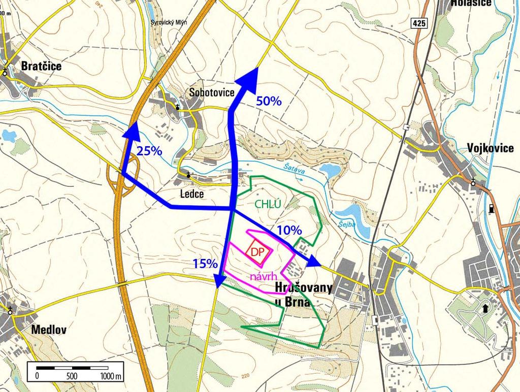 ČÁST B Obrázek č. 1: Mapa širšího okolí zájmového území s vyznačením, CHLÚ, stávajícího DP s jeho navrhovaným rozšířením a hlavních dopravních směrů 5.