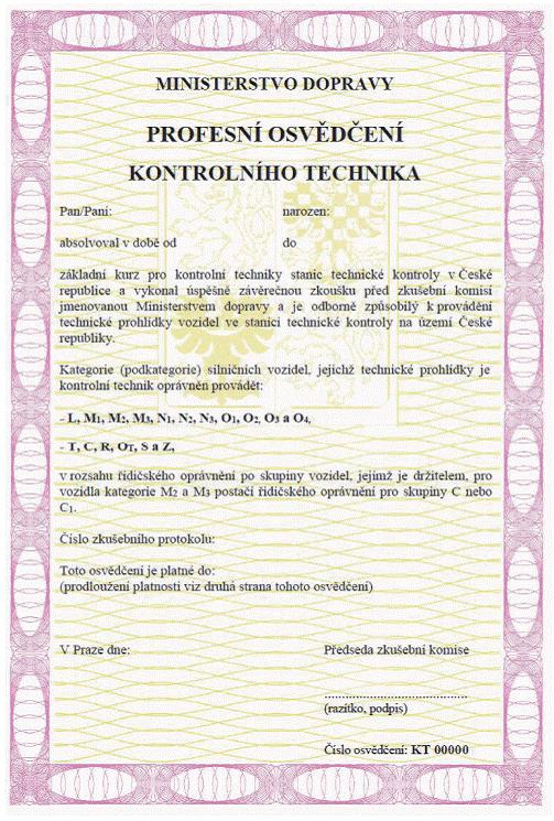 přední strana Vzor profesního osvědčení kontrolního technika k provádění technických
