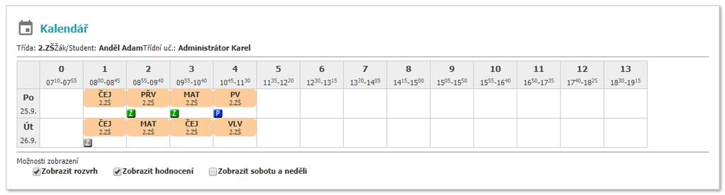 Panel Kalendář Tetno panel zobrazuje rozvrh žáka na aktuální a následující den a to včetně iformací o zadaném hodnocení (šedá, či zelená ikonka s písmenem H), vložených poznámkách k hodině (Modrá
