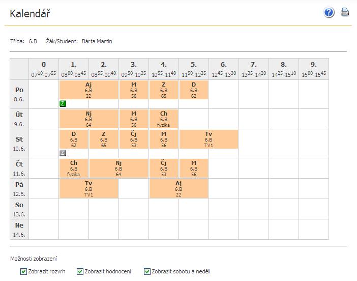 Kalendář zobrazuje standardně aktuální pracovní týden. Počet hodin v kalendáři je dán nastavením aplikace pro konkrétní školu.