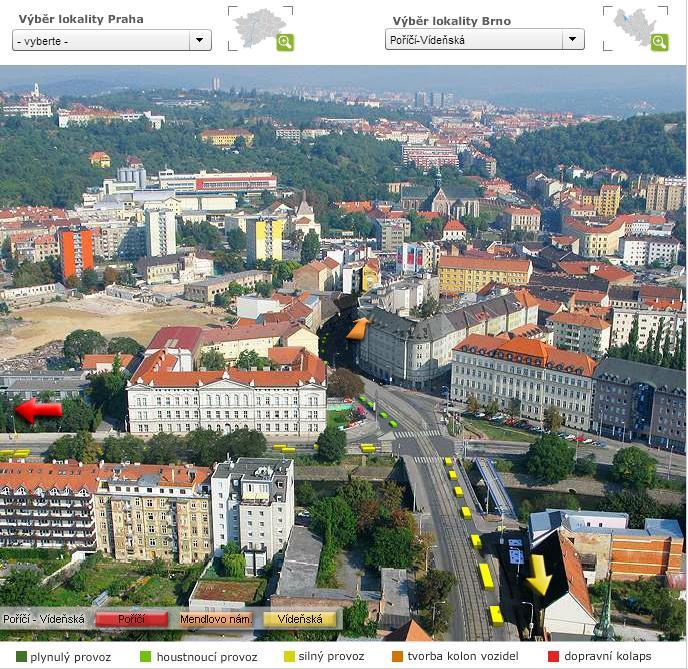 aspx. Obr. 99: Sledování hustoty provozu (vlevo Brno a okolí, vpravo Brno, křižovatka ulic Poříčí a Vídeňská). Zdroj: http://www.dopravniinfo.cz, maps.google.