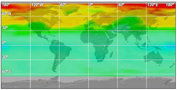 (např. rakovina kůže). Uvedené dva snímky ilustrují globální UV index ve dvou různých obdobích roku 2001. Je zde zřetelně vidět množství slunečního záření v UV pásmu dosahujícímu zemského povrchu.