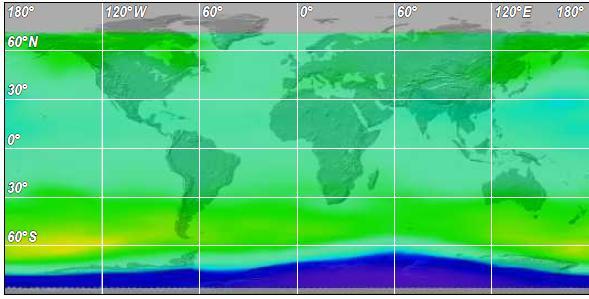 Výpočet UV indexu je založen na celkových údajích o průměrných množstvích ozonu (mapy 5, 6) naměřených GOME (Global Ozone Monitoring Experiment), což je přístroj umístěný na palubě družice ERS-2.