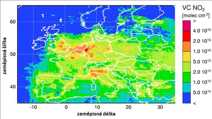 NO 2 nad západní Evropou mezi prosincem 2003 a listopadem 2004. Měřeno SCIAMACHY na družici Envistat ESA Obr.