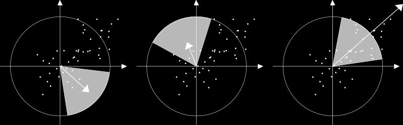 Hodnoty jsou 1 pro černé oblasti a -1 pro bílé. Obrázek je převzat z [9]. Obrázek 2.3: Přiřazování orientací: Kruhová výseč rotuje kolem středu.