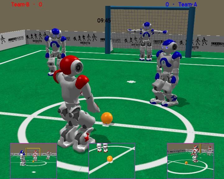 OBRÁZEK 7 - SIMULACE ROBOTŮ V APLIKACI WEBOTS [10] Program vytvořený pomocí Choregraphe se potom nahraje do robota a je vykonáván do doby, než je ručně zastaven, nebo robot vypnut.