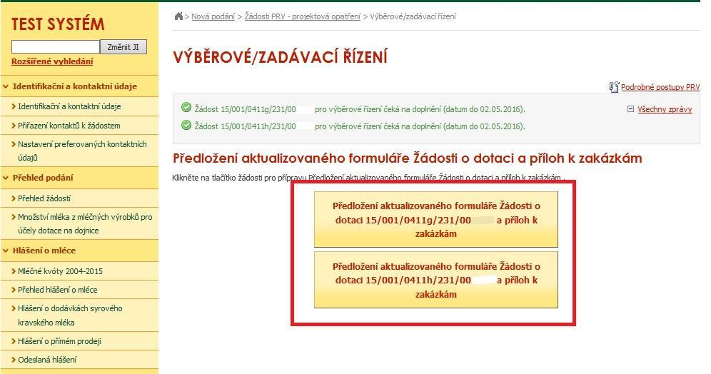 Žadatel si zvolí žádost, kterou chce doplňovat a klikne na tuto žádost, jak je zvýrazněno na obr. 7. Obr.