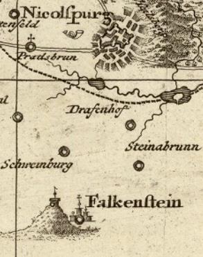 18) Falkenstein Pohled ze zámku přes údolí potoka Včelínku k hradu Falkenstein 63 Müllerova mapa 1673-1721 61 Objekt: zřícenina hradu Falkenstein Vznik: polovina 11.