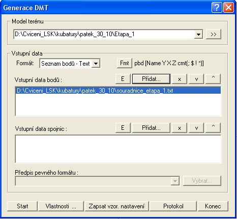 VÝPOČET OBJEMU Po spuštění funkce Generace modelu terénu se zobrazí dialogové okno Generace DMT (Obr. 67): Zde je možné nadefinovat: Obr.