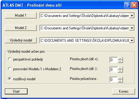 VÝPOČET OBJEMU Po spuštění funkce se zobrazí dialog ATLAS DMT Prolínání dvou sítí (Obr. 70): V dialogu je možné nadefinovat: Obr. 70: Dialog funkce Prolínání sítí Model 1 - název prvního modelu.