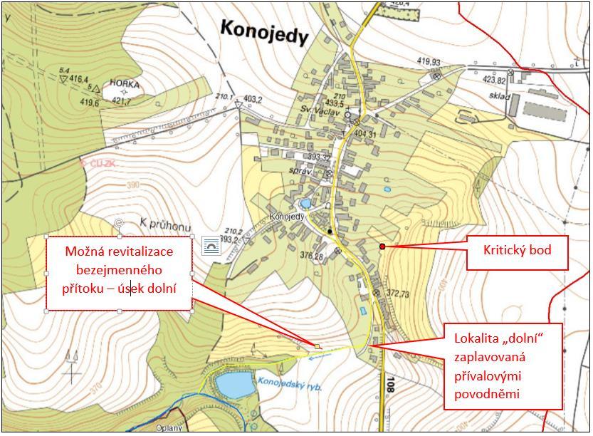 JEVANSKÝ POTOK Konojedy: Voda v obci je sváděna dešťovou kanalizací a v dolní části obce vedena otevřeným korytem a tak vzniká bezejmenný levobřežní přítok Jevanského potoka.