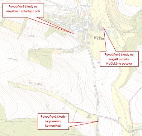 NUČICKÝ POTOK Výžerky: Obec je ohrožována rozlivy z Nučického potoka a zároveň bleskovými povodněmi a splachy z polí na pravém břehu toku.