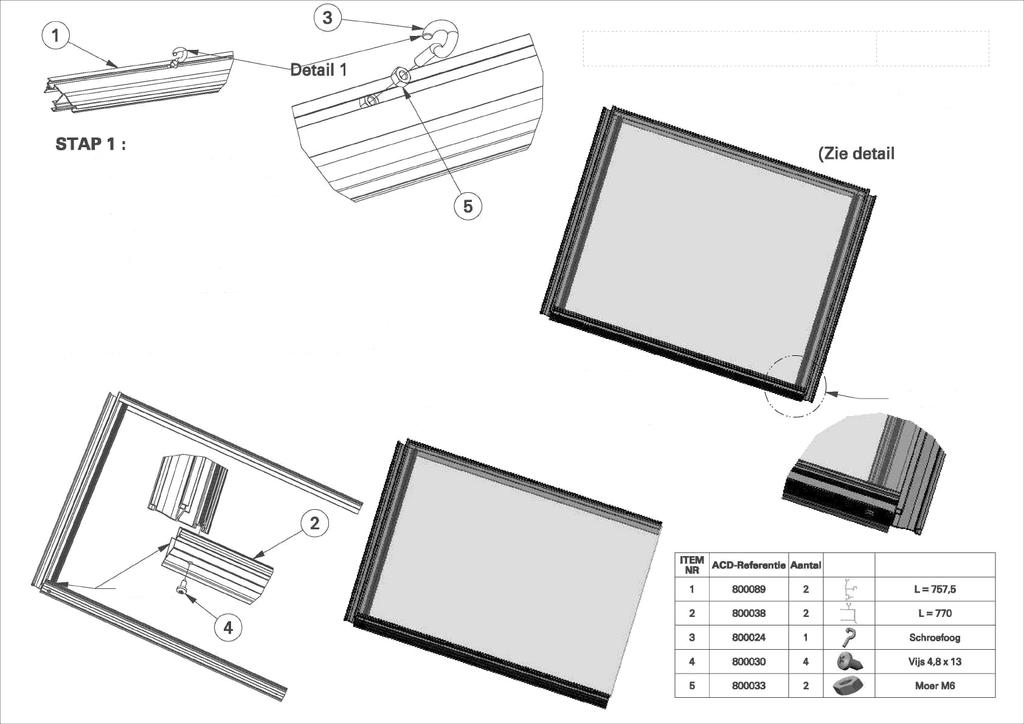 Příprava montáže střešního okna STR. 15 KROK 1: Zasuňte matičku do drážky pro šrouby profilu č. 1, až doprostřed.
